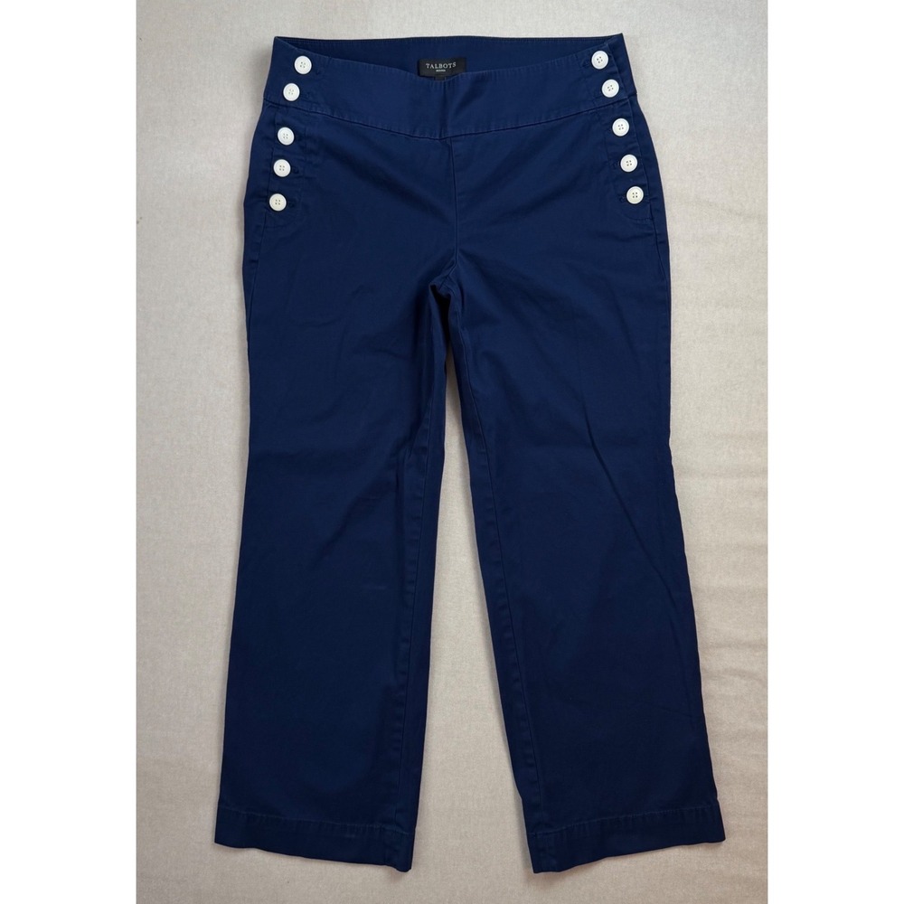 Talbots 12 Petite Navy Blue Sailor Pant Wide Leg Button Trouser Nautical Coastal